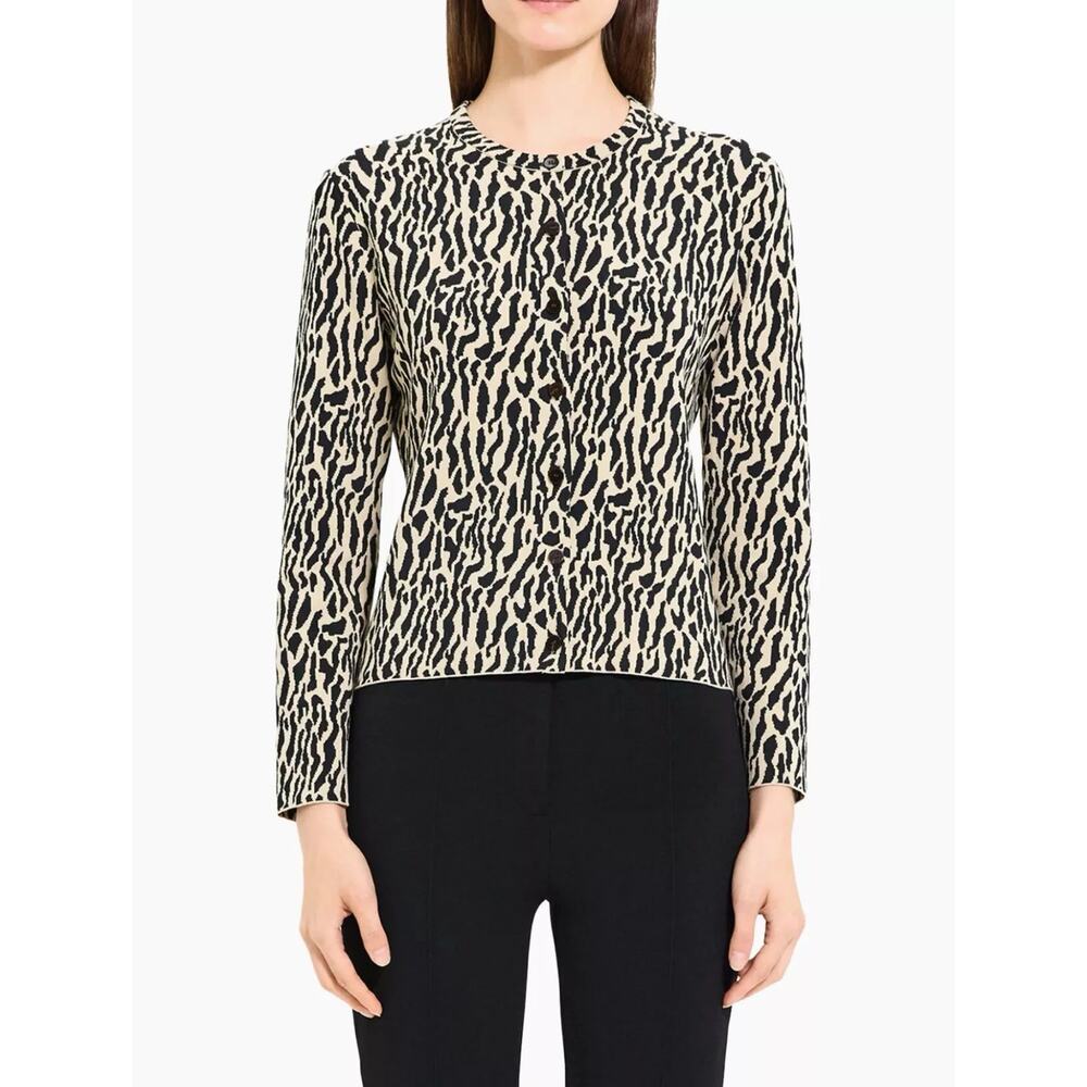 Theory Leopard Jacquard Fitted Cardigan in Cotton Dark Ecru Black Bristol Small